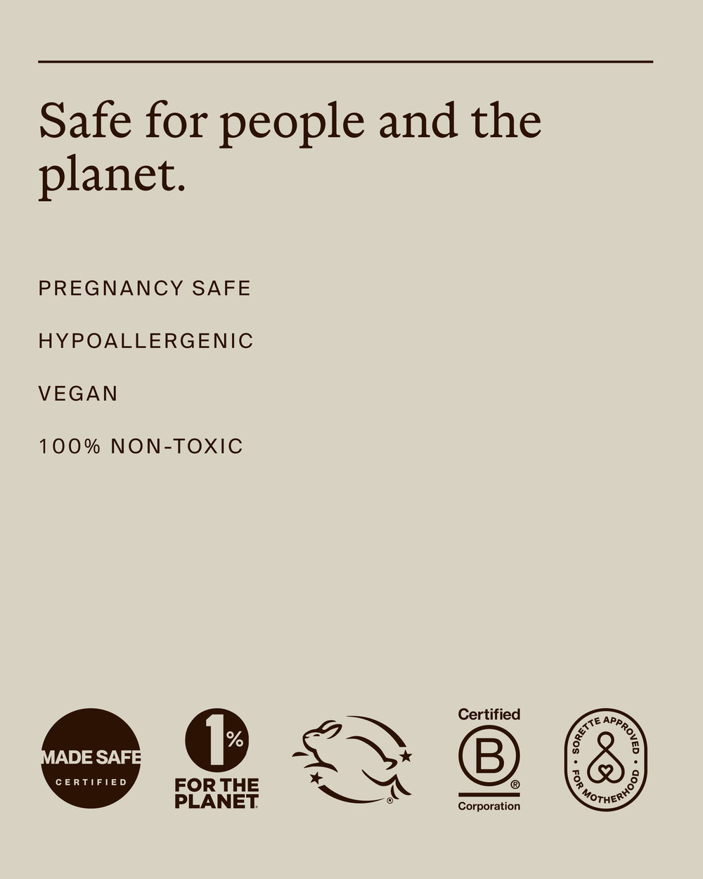 Mindful Mama Starter Set safety and sustainability graphic highlighting pregnancy safe, hypoallergenic, vegan, and 100% non-toxic standards, with Made Safe, 1% for the Planet, cruelty-free, Certified B Corporation, and Sorette Approved for Motherhood certifications.
