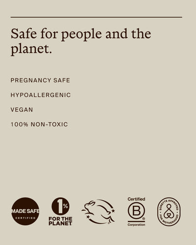 Mindful Mama Starter Set safety and sustainability graphic highlighting pregnancy safe, hypoallergenic, vegan, and 100% non-toxic standards, with Made Safe, 1% for the Planet, cruelty-free, Certified B Corporation, and Sorette Approved for Motherhood certifications.