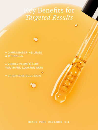Golden face oil with key benefits: diminishes fine lines and wrinkles, visibly plumps, and brightens dull skin