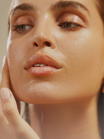 This image features a close-up of radiant, dewy skin, emphasizing hydration and a healthy glow. The focus on smooth texture and luminous complexion perfectly aligns with True Botanicals' commitment to effective, nourishing skincare.