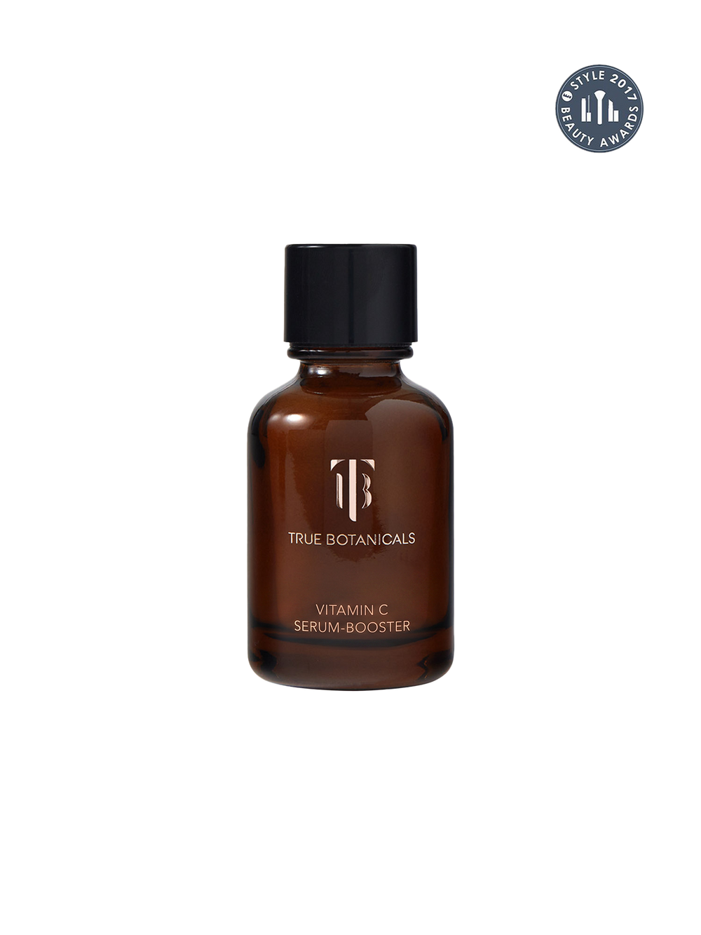 A brown amber glass bottle of True Botanicals Vitamin C Serum-Booster with a black cap, shown on a plain white background with a circular award badge in the top right corner.