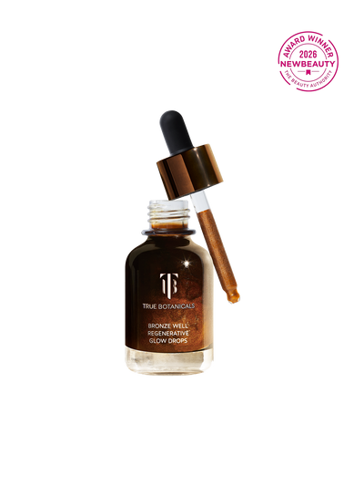 True Botanicals Bronze Well Regenerative Glow Drops bottle with dropper on a white background