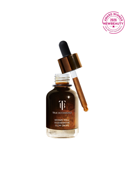 True Botanicals Bronze Well Regenerative Glow Drops bottle with dropper on a white background