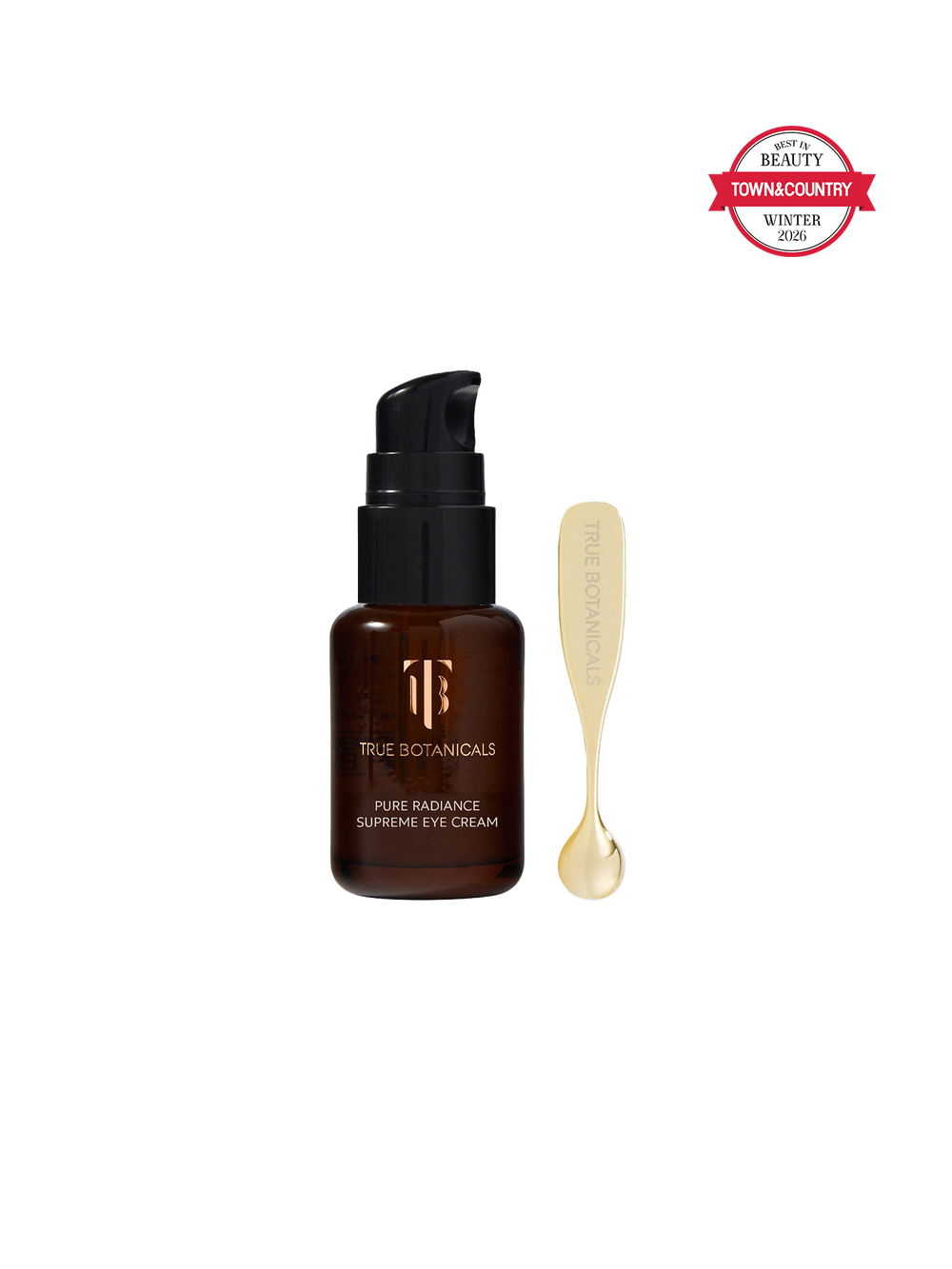 True Botanicals eye cream bottle with applicator on a white background