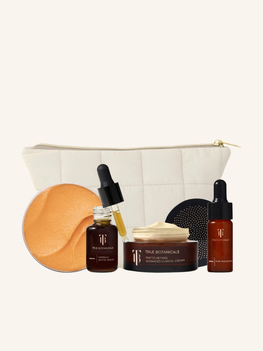 Mindful Mama Starter Set from True Botanicals. Showing products and a pouch on a beige background.