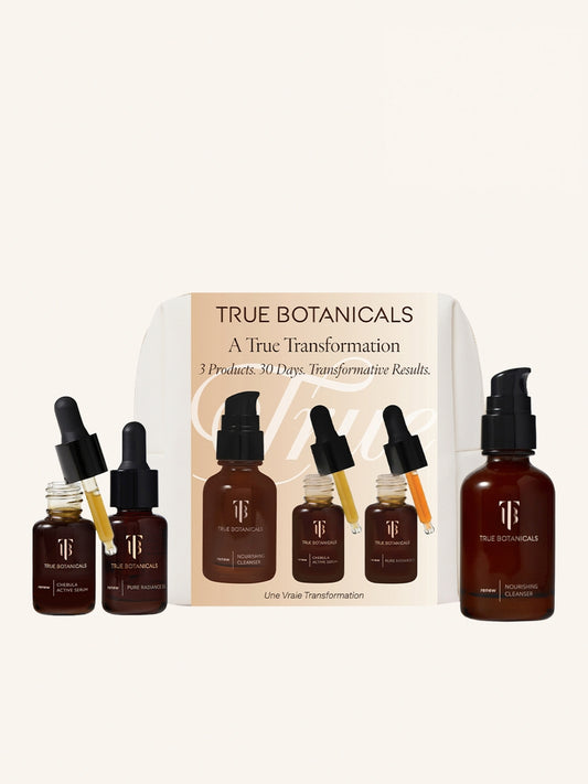 A True Transformation Kit from True Botanicals and packaging on a beige background