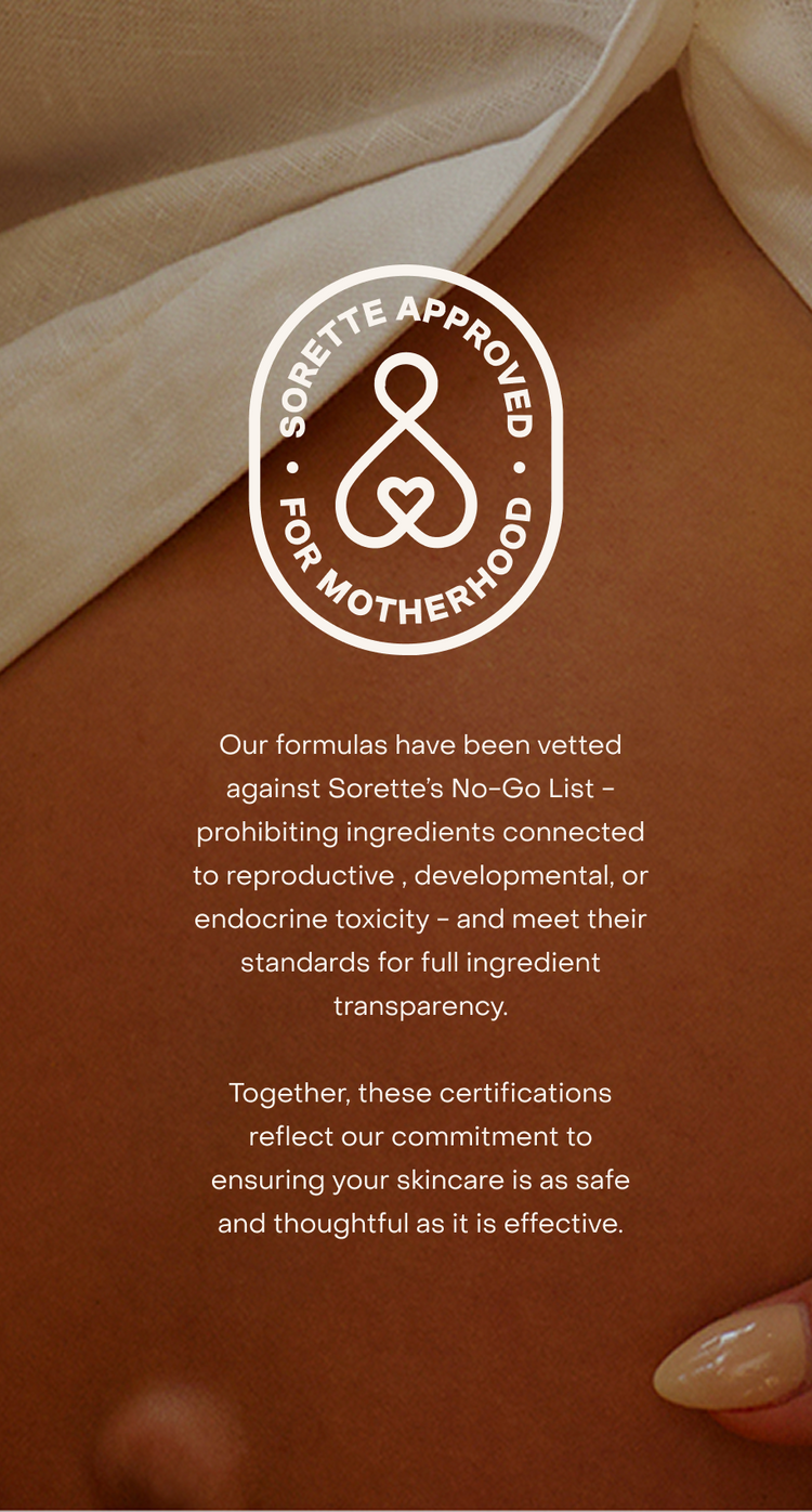 Sorette Approved for Motherhood badge certifying True Botanicals formulas are free from ingredients linked to reproductive, developmental, or endocrine toxicity.